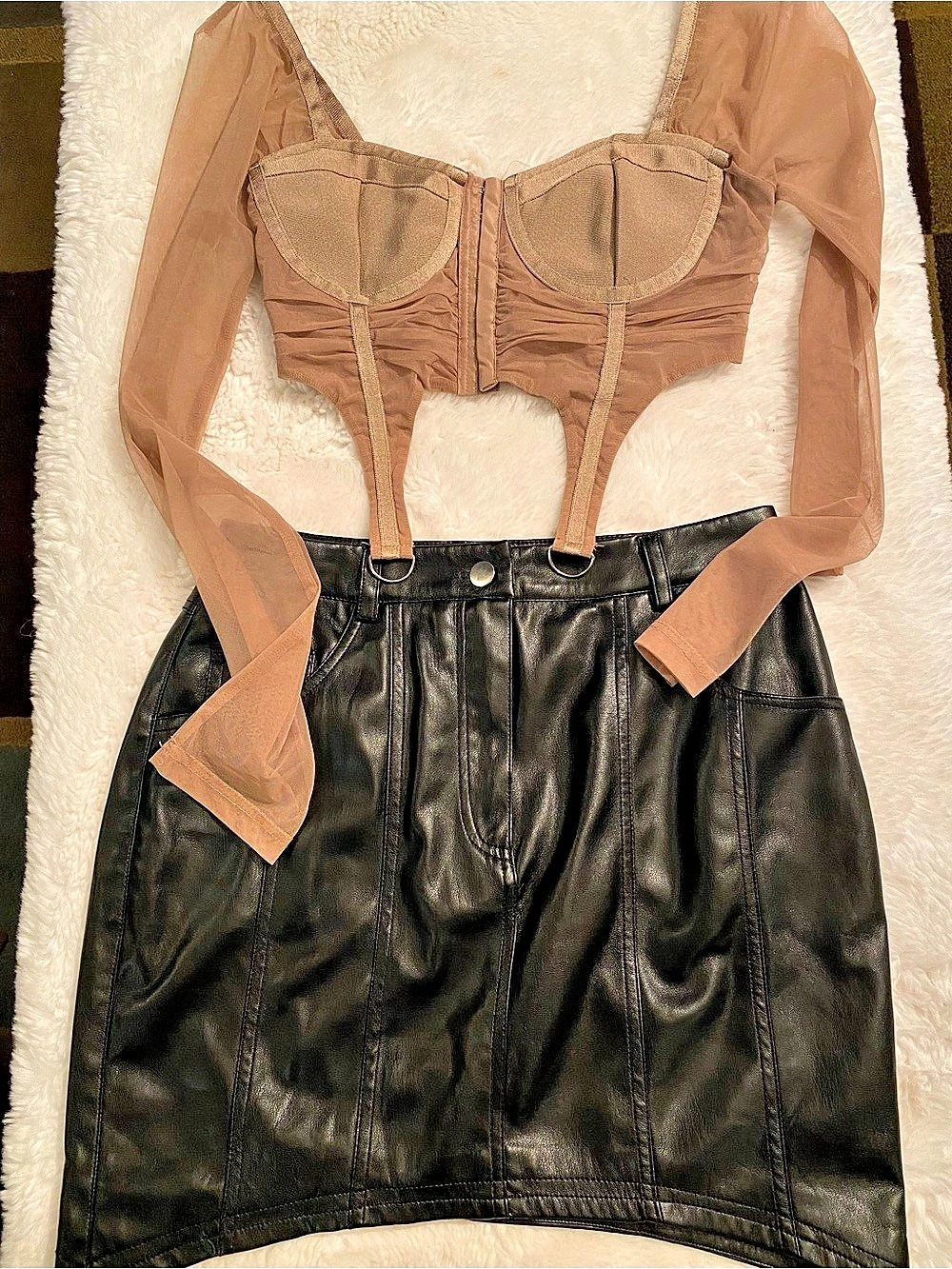 Fashion Nova & Forever 21 2pc Mesh Sheer Corset Top + Faux Leather Skirt M